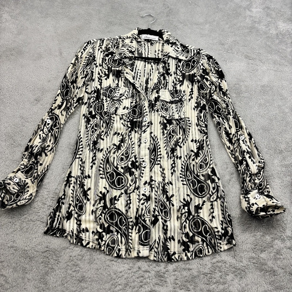 Swan Collection Sheer Mesh Button Shirt Womens L Black Paisley Festival‎ Artsy